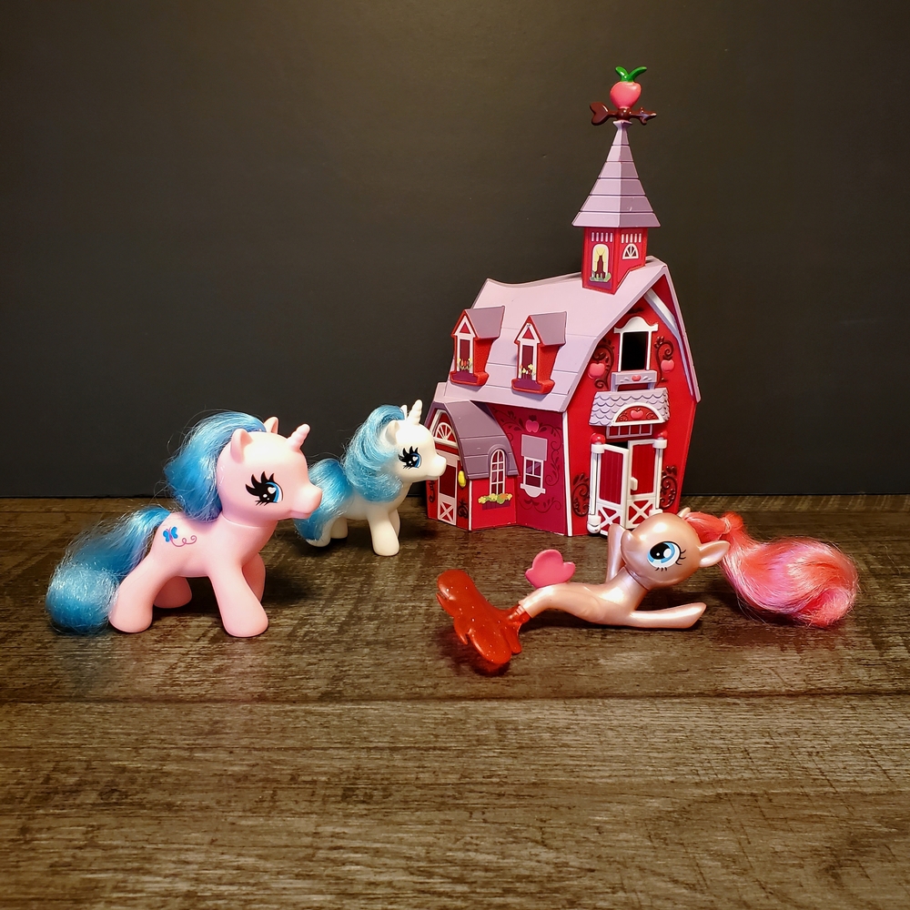 My Little Pony Pink and Blue Ponies with Red House